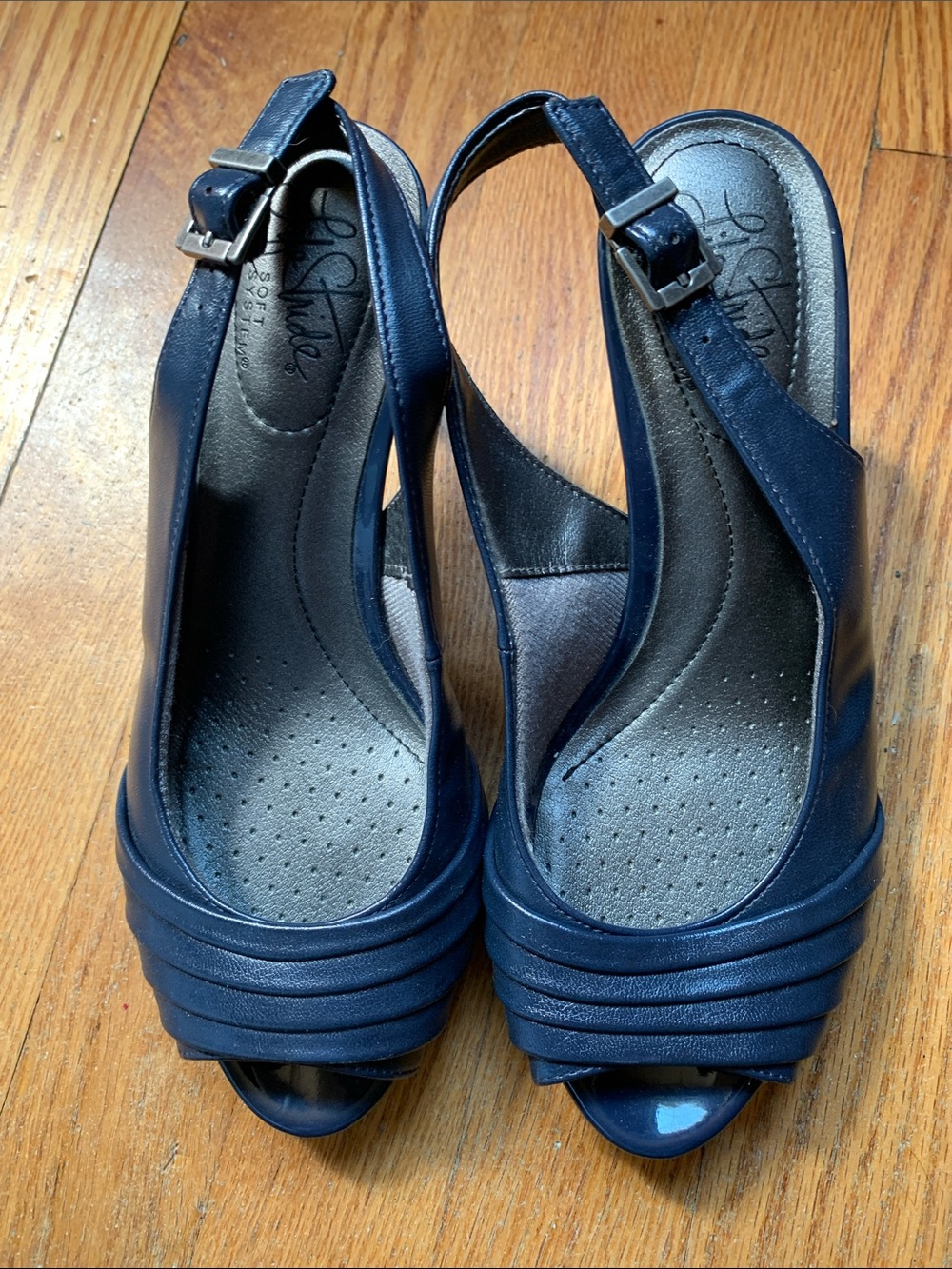 Life Stride Navy Peep-Toe Slingback Heels